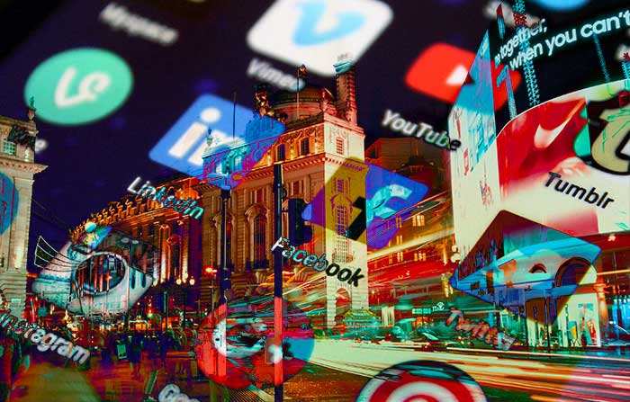 A montage of social media logos and neon signs in Piccadilly Circus
