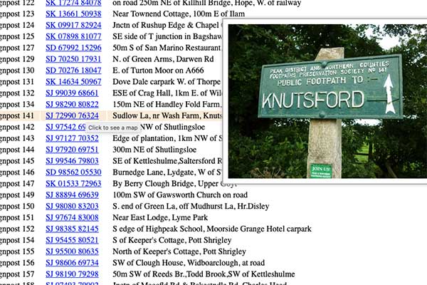 Map showing dozens of pins marking the location of signs, etc., to the east of Manchester