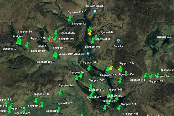 Map showing dozens of pins marking the location of signs, etc., to the east of Manchester