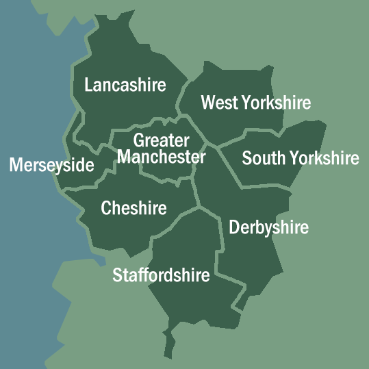 Peak and Northern area: Lancs, West Yorks, South Yorks, Gtr Manchester, Merseyside, Cheshire, Staffs and Derby